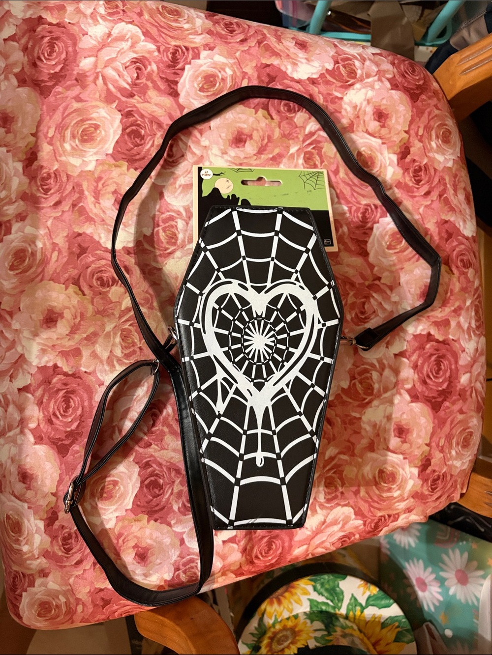 Black Coffin Crossbody Bag with White Spiderweb Heart Design